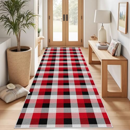 Meugesoi Klassischer Amerikanischer Karostil Teppich Läufer rutschfest Waschbar Rot, Schwarz Weiß Plaid Flurteppich Küchenteppich 80x240 cm, Teppichläufer für Bettvorleger Wohnraum Flur Waschküche von Meugesoi
