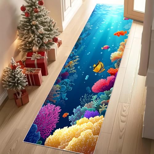 Meugesoi Koralle Fisch Unterwasserwelt Teppich Flur Läufer Meer Thema Teppichläufer Küchenläufer Carpet rutschfest Waschbar für Bettvorleger Flur Küche Waschküche 80 X 180 cm von Meugesoi