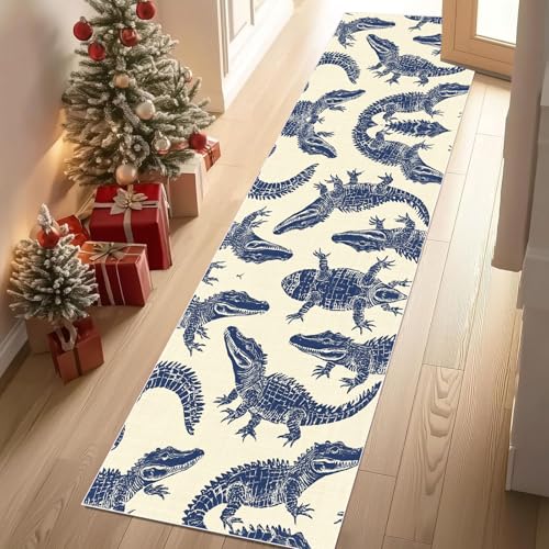 Meugesoi Krokodil Tierdruck Teppichläufer rutschfest Waschbar 60x210 cm, Tierwelt Küchenteppich Flurteppich Teppich Läufer für Flur, Eingangsbereich, Küche, Wohnzimmer von Meugesoi