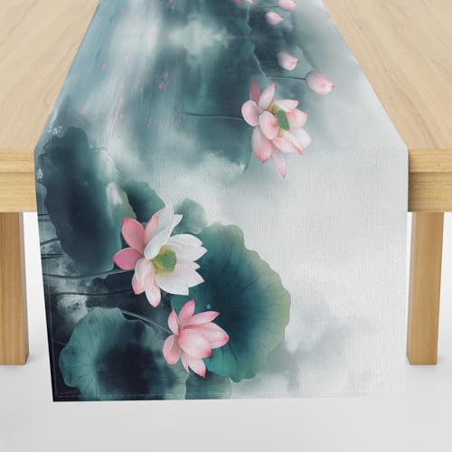 Meugesoi Lotus Lotusblatt Tischläufer 30x140 cm Chinesischer Stil Tuschemalerei Tischdecke Abwaschbar Küche Esstisch Tisch Runner, Tischläufer für Esszimmer Party Urlaub Dekoration von Meugesoi