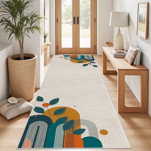 Meugesoi Modern Abstrakt Teppich Läufer 60x120 cm Boho Mid Century Blätter Carpet rutschfest Waschbar Bettumrandung Schlafzimmer, Teppichläufer für Küche, Flur, Eingangsbereich von Meugesoi