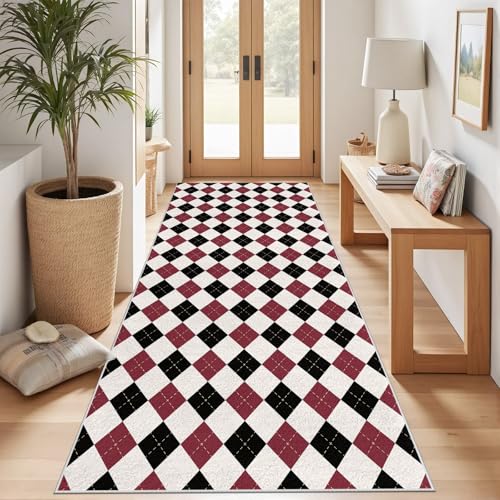 Meugesoi Modern Geometrisch Plaid Teppich Flur Läufer Kariert Diamantgitter Teppichläufer Küchenläufer 80 X 250 cm Carpet rutschfest Waschbar für Bettvorleger Flur Küche Waschküche von Meugesoi