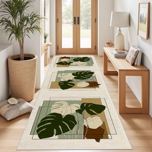 Meugesoi Modern Mid Century Teppich Läufer rutschfest Waschbar 80x200 cm, Boho Pflanzen Monstera Flurteppich Küchenteppich Teppichläufer für Bettvorleger Wohnraum Flur Waschküche von Meugesoi