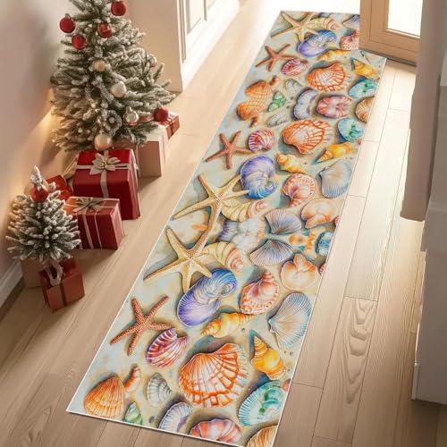 Meugesoi Muschel Seestern Teppichläufer rutschfest Waschbar 60x180 cm, Ozean Strand Küchenteppich Flurteppich Teppich Läufer für Flur, Eingangsbereich, Küche, Wohnzimmer von Meugesoi