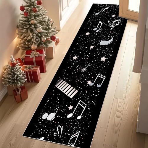Meugesoi Musiknoten Musik Teppich Läufer rutschfest Waschbar 80x300 cm, Stern Sternenhimmel Flurteppich Küchenteppich Teppichläufer für Bettvorleger Wohnraum Flur Waschküche von Meugesoi