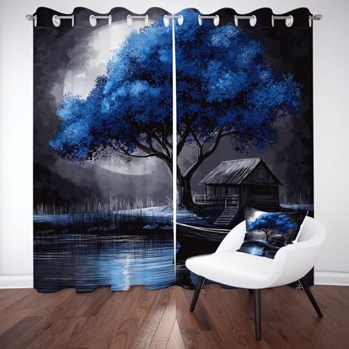 Meugesoi Mysteriöses Nachthimmel Baum Vorhänge Blickdicht Rustikal Blockhaus Boot Vorhang Verdunklungsvorhänge mit Ösen 2er Set H 213 x B 132 cm, Schlafzimmer Sonnenschutz Schallschutz Thermogardine von Meugesoi