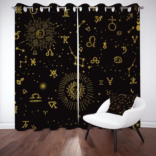 Meugesoi Mystery Celestial Konstellation Vorhänge Blickdicht Universum Sonne Sternenhimmel Vorhang Verdunklungsvorhänge mit Ösen 2er Set H 145 x B 140 cm, Schlafzimmer Schallschutz Thermogardine von Meugesoi