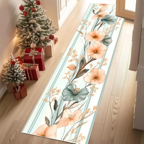Meugesoi Natur Blumen Botanisch Teppich Läufer rutschfest Waschbar 80x200 cm, Aquarell Blumenmuster Flurteppich Küchenteppich Teppichläufer für Bettvorleger Wohnraum Flur Waschküche von Meugesoi
