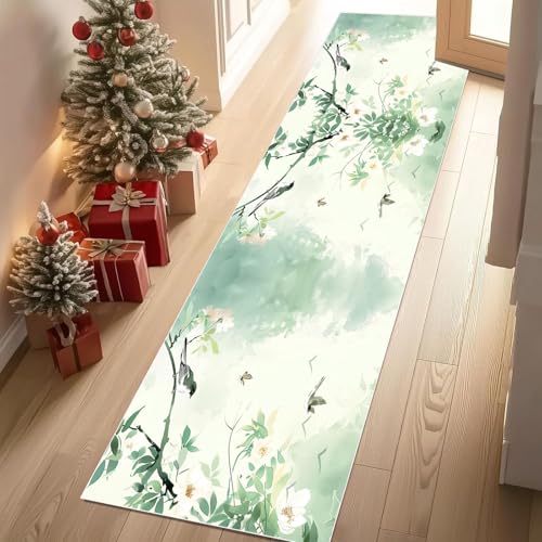 Meugesoi Natur Frühling Blätter Teppich Flur Läufer Orientalisch Tuschemalerei Teppichläufer Küchenläufer Carpet rutschfest Waschbar für Bettvorleger Flur Küche Waschküche 80 X 180 cm von Meugesoi
