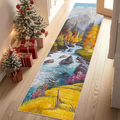 Meugesoi Natur Landschaft Teppich Flur Läufer 60 X 240 cm Fluss Wald Schneeberg Teppichläufer Küchenläufer Teppiche rutschfest Waschbar für Bettvorleger Flur Küche Waschküche von Meugesoi