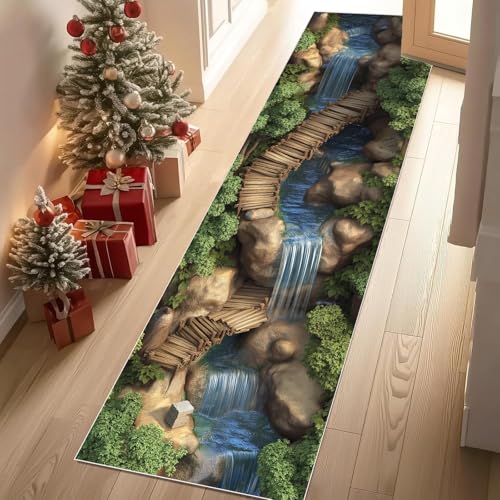 Meugesoi Natur Landschaft Teppich Läufer rutschfest Waschbar 80x300 cm, Wasserfäll Fluss Stein Flurteppich Küchenteppich Teppichläufer für Bettvorleger Wohnraum Flur Waschküche von Meugesoi