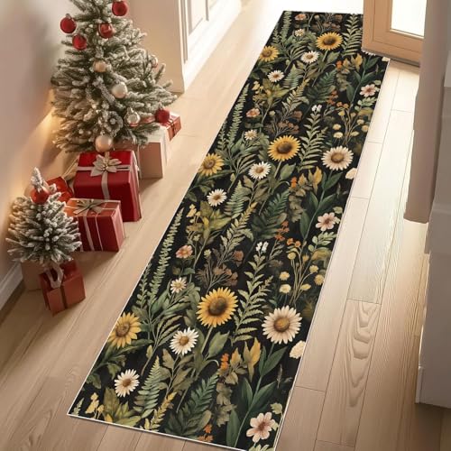 Meugesoi Natur Pastoral Blumen Pflanzen Teppich Läufer rutschfest Waschbar Sonnenblume Gänseblümchen Flurteppich Küchenteppich 80x240 cm, Teppichläufer für Bettvorleger Wohnraum Flur Waschküche von Meugesoi