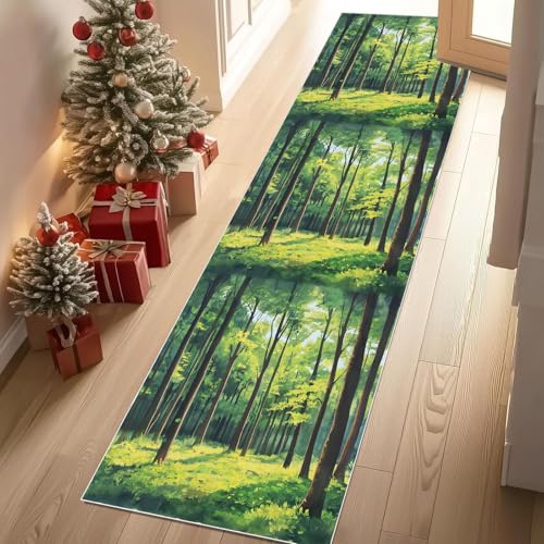 Meugesoi Natur Scenery Teppich Läufer rutschfest Waschbar Grün Wald Dschungel Flurteppich Küchenteppich 80x240 cm, Teppichläufer für Bettvorleger Wohnraum Flur Waschküche von Meugesoi