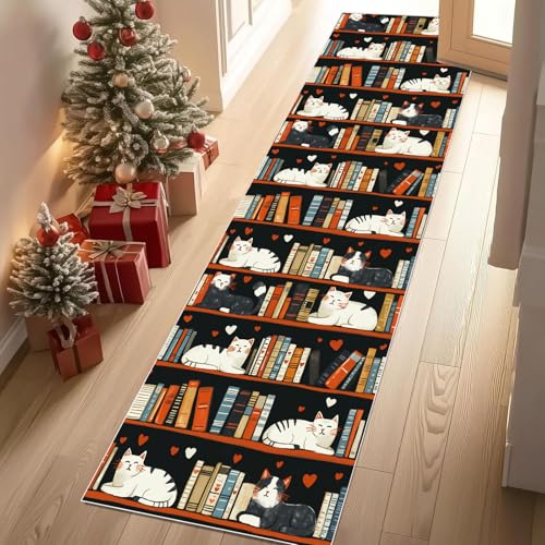 Meugesoi Niedlich Karikatur Katze Teppichläufer rutschfest Waschbar 60x210 cm, Bücherregal Bücher Küchenteppich Flurteppich Teppich Läufer für Flur, Eingangsbereich, Küche, Wohnzimmer von Meugesoi