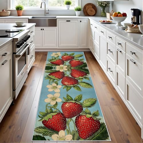 Meugesoi Obst Erdbeere Teppich Flur Läufer Vintage Poster Blumen Teppichläufer Küchenläufer Carpet rutschfest Waschbar für Bettvorleger Flur Küche Waschküche 80 X 180 cm von Meugesoi