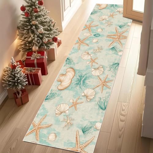 Meugesoi Ozean Thema Teppich Flur Läufer Seestern Muschel Teppichläufer Küchenläufer Carpet rutschfest Waschbar für Bettvorleger Flur Küche Waschküche 80 X 180 cm von Meugesoi