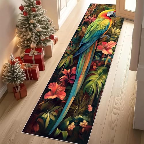 Meugesoi Papagei Hibiskus Palmenblätter Teppich Flur Läufer Tropische Pflanzen Teppichläufer Küchenläufer 80 X 250 cm Carpet rutschfest Waschbar für Bettvorleger Flur Küche Waschküche von Meugesoi