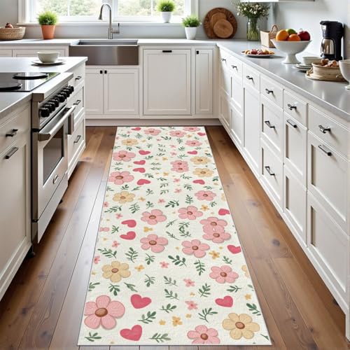 Meugesoi Pastoral Blumen Teppich Läufer 60x120 cm Rosa Herz Blumenmuster Carpet rutschfest Waschbar Bettumrandung Schlafzimmer, Teppichläufer für Küche, Flur, Eingangsbereich von Meugesoi