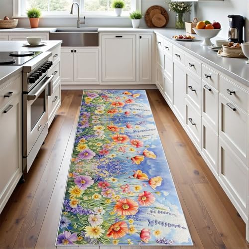 Meugesoi Pastoral Blumen Teppich Läufer rutschfest Waschbar 80x300 cm, Romantisch Aquarell Blumenfeld Flurteppich Küchenteppich Teppichläufer für Bettvorleger Wohnraum Flur Waschküche Meugesoi Pastoral Blumen Teppich Läufer rutschfest Waschbar 80x300 cm, Romantisch Aquarell Blumenfeld Flurteppich Küchenteppich Teppichläufer für Bettvorleger Wohnraum Flur Waschküche von Meugesoi