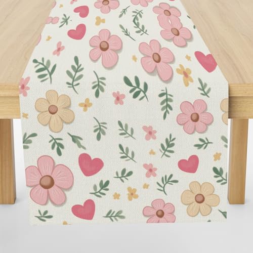 Meugesoi Pastoral Blumen Tischläufer 30x120 cm Rosa Herz Blumenmuster Tischdecke Abwaschbar Küche Esstisch Tisch Runner, Tischläufer für Esszimmer Party Urlaub Dekoration von Meugesoi