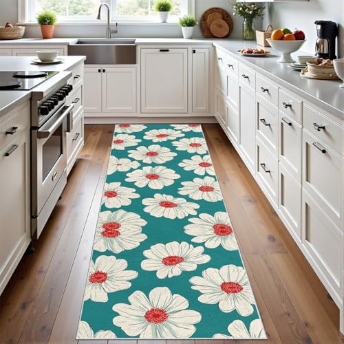 Meugesoi Pastoral Gänseblümchen Teppich Flur Läufer Natur Pflanzen Blumen Teppichläufer Küchenläufer Carpet rutschfest Waschbar für Bettvorleger Flur Küche Waschküche 80 X 180 cm von Meugesoi