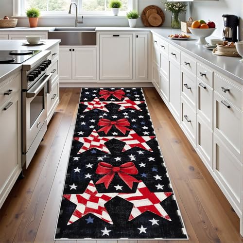 Meugesoi Plaid Stern Schleife Teppich Läufer rutschfest Waschbar 80x200 cm, Amerikanische Flagge Patriotic Day Flurteppich Küchenteppich Teppichläufer für Bettvorleger Wohnraum Flur Waschküche von Meugesoi