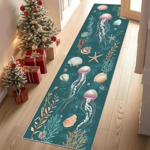 Meugesoi Qualle Muschel Seestern Algen Teppich Flur Läufer Traumozean Teppichläufer Küchenläufer Carpet rutschfest Waschbar für Bettvorleger Flur Küche Waschküche 80 X 180 cm von Meugesoi