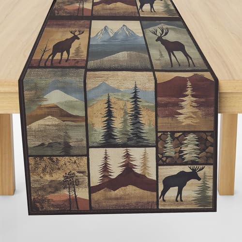 Meugesoi REH Elch Wald Tischläufer 30x120 cm Natur Landschaft Tischdecke Abwaschbar Küche Esstisch Tisch Runner, Tischläufer für Esszimmer Party Urlaub Dekoration von Meugesoi
