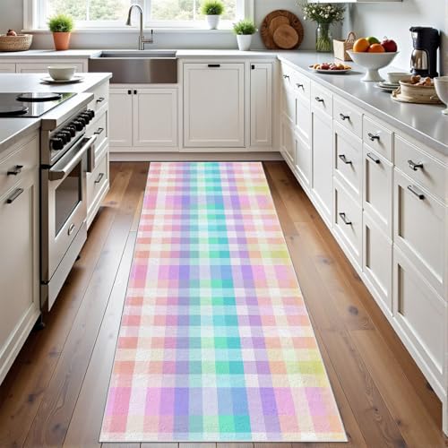 Meugesoi Regenbogen Macaron Plaid Teppich Läufer rutschfest Waschbar 80x200 cm, Geometrie Kariert Flurteppich Küchenteppich Teppichläufer für Bettvorleger Wohnraum Flur Waschküche von Meugesoi