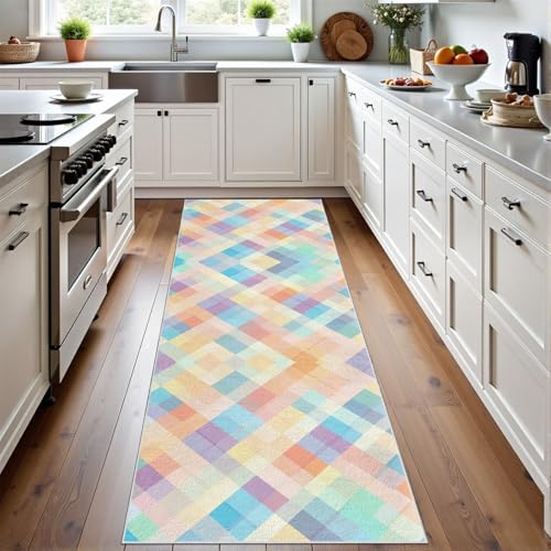 Meugesoi Regenbogen Plaid Teppich Flur Läufer Geometrie Kariert Gitter Teppichläufer Küchenläufer 80 X 250 cm Carpet rutschfest Waschbar für Bettvorleger Flur Küche Waschküche von Meugesoi