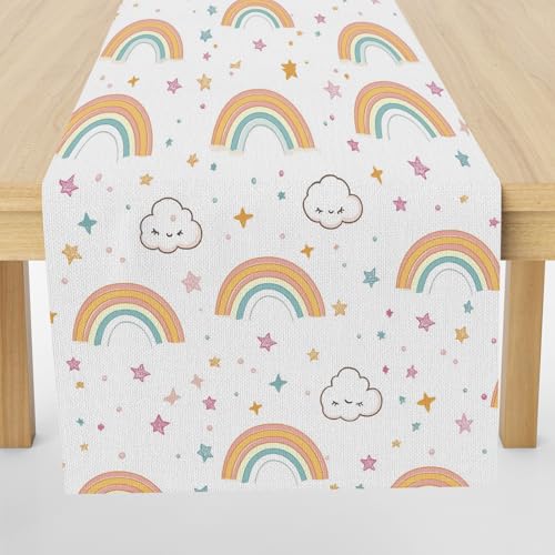 Meugesoi Regenbogen Stern Tischläufer Abwaschbar Cartoon Wolken Tischdecke Esstisch Deko Runner 40x240 cm Für Küche Table Couchtisch Geburtstag Party Hochzeit Tischdeko von Meugesoi