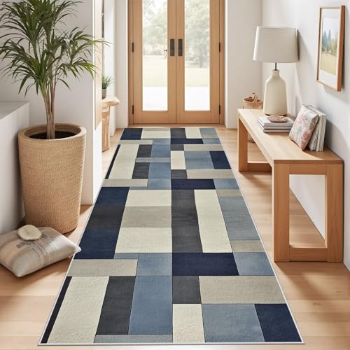 Meugesoi Retro Geometrisch Teppich Läufer rutschfest Waschbar 80x200 cm, Modern Kariert Flurteppich Küchenteppich Teppichläufer für Bettvorleger Wohnraum Flur Waschküche von Meugesoi