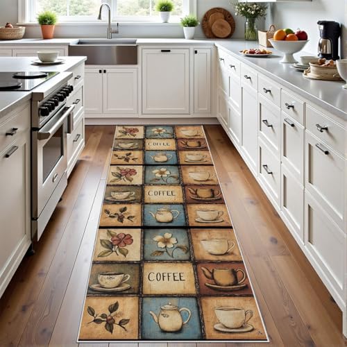 Meugesoi Retro Kaffee Thema Teppich Läufer 60x120 cm Kaffeetasse Blumenmuster Carpet rutschfest Waschbar Bettumrandung Schlafzimmer, Teppichläufer für Küche, Flur, Eingangsbereich Meugesoi Retro Kaffee Thema Teppich Läufer 60x120 cm Kaffeetasse Blumenmuster Carpet rutschfest Waschbar Bettumrandung Schlafzimmer, Teppichläufer für Küche, Flur, Eingangsbereich von Meugesoi