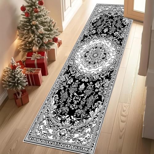 Meugesoi Retro Schwarz Weiß Teppichläufer rutschfest Waschbar 60x210 cm, Vintage Blumenmuster Küchenteppich Flurteppich Teppich Läufer für Flur, Eingangsbereich, Küche, Wohnzimmer Meugesoi Retro Schwarz Weiß Teppichläufer rutschfest Waschbar 60x210 cm, Vintage Blumenmuster Küchenteppich Flurteppich Teppich Läufer für Flur, Eingangsbereich, Küche, Wohnzimmer von Meugesoi