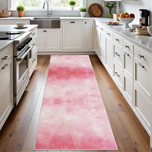 Meugesoi Rosa Aquarell Gradient Teppich Läufer 60x150 cm Moderne Kunst Teppiche rutschfest Waschbar Bettumrandung Schlafzimmer, Teppichläufer für Küche, Flur, Eingangsbereich von Meugesoi