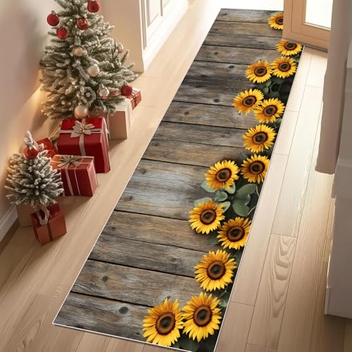 Meugesoi Rustikal Pastoral Sonnenblume Teppich Läufer rutschfest Waschbar 80x300 cm, Holz Textur Flurteppich Küchenteppich Teppichläufer für Bettvorleger Wohnraum Flur Waschküche Meugesoi Rustikal Pastoral Sonnenblume Teppich Läufer rutschfest Waschbar 80x300 cm, Holz Textur Flurteppich Küchenteppich Teppichläufer für Bettvorleger Wohnraum Flur Waschküche von Meugesoi