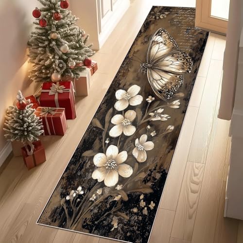 Meugesoi Schmetterling Blüten Teppich Läufer rutschfest Waschbar 80x300 cm, Vintage Blumen Ölgemälde Flurteppich Küchenteppich Teppichläufer für Bettvorleger Wohnraum Flur Waschküche von Meugesoi