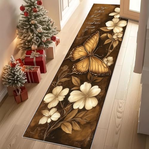 Meugesoi Schmetterling Blumen Teppich Läufer 60x120 cm Vintage Ölgemälde Blumenmuster Carpet rutschfest Waschbar Bettumrandung Schlafzimmer, Teppichläufer für Küche, Flur, Eingangsbereich von Meugesoi
