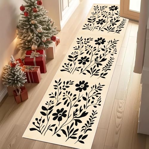 Meugesoi Schwarz Blumen Silhouette Teppich Läufer rutschfest Waschbar 80x300 cm, Minimalistisch Zweige Blätter Flurteppich Küchenteppich Teppichläufer für Bettvorleger Wohnraum Flur Waschküche Meugesoi Schwarz Blumen Silhouette Teppich Läufer rutschfest Waschbar 80x300 cm, Minimalistisch Zweige Blätter Flurteppich Küchenteppich Teppichläufer für Bettvorleger Wohnraum Flur Waschküche von Meugesoi
