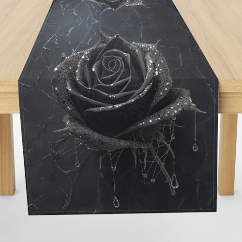 Meugesoi Schwarz Rose Tischläufer 30x140 cm Gotisch Blumen Spinnennetz Tischdecke Abwaschbar Küche Esstisch Tisch Runner, Tischläufer für Esszimmer Party Urlaub Dekoration von Meugesoi