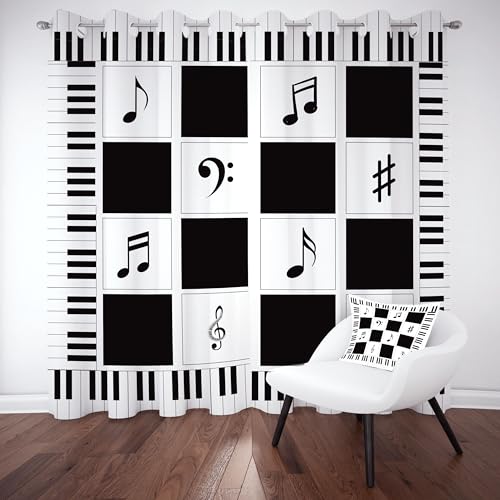 Meugesoi Schwarz Weiß Kariert Schachbrett Vorhänge Blickdicht Klaviertasten Musiknoten Vorhang Verdunklungsvorhänge mit Ösen 2er Set H 145 x B 140 cm, Schlafzimmer Schallschutz Thermogardine von Meugesoi