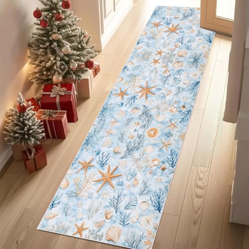 Meugesoi Seestern Muschel Koralle Teppich Flur Läufer 60 X 240 cm Ozean Unterwasserwelt Teppichläufer Küchenläufer Teppiche rutschfest Waschbar für Bettvorleger Flur Küche Waschküche von Meugesoi