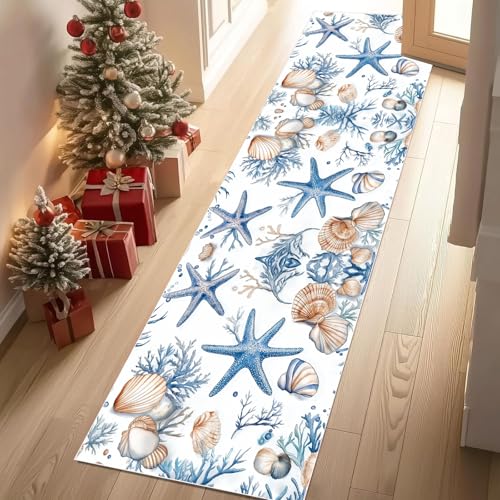 Meugesoi Seestern Muschel Koralle Teppich Flur Läufer Ozean Thema Teppichläufer Küchenläufer Carpet rutschfest Waschbar für Bettvorleger Flur Küche Waschküche 80 X 180 cm von Meugesoi
