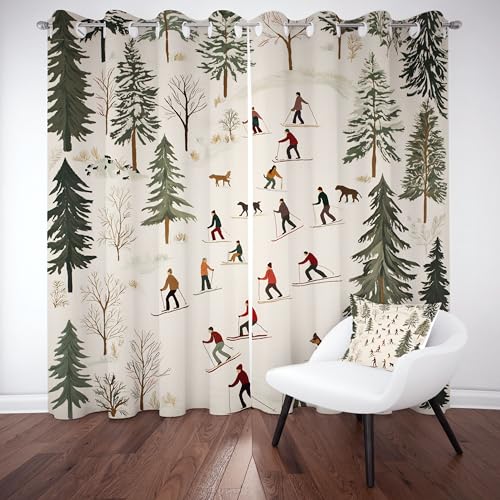 Meugesoi Skifahrer Skifahren Hochgebirge Verdunklungsvorhänge 2er Set, Natur Wald Blickdicht Thermovorhang Kälteschutz Vorhang Abdunkelnd, Schlafzimmer Ösenvorhang Gardine H 137 x B 117cm von Meugesoi