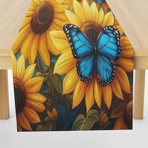 Meugesoi Sonnenblume Tischläufer Abwaschbar Tischtuch 40x140 cm Schmetterling Blumen Tischdecke Leinen Runner für Küche Table Couchtisch Drinnen Urlaub Party Geburtstag Hochzeit Dekor von Meugesoi