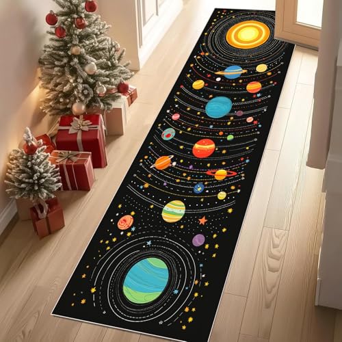 Meugesoi Sonnensystem Planet Teppich Läufer rutschfest Waschbar Geheimnis Universum Galaxis Erde Flurteppich Küchenteppich 80x240 cm, Teppichläufer für Bettvorleger Wohnraum Flur Waschküche von Meugesoi