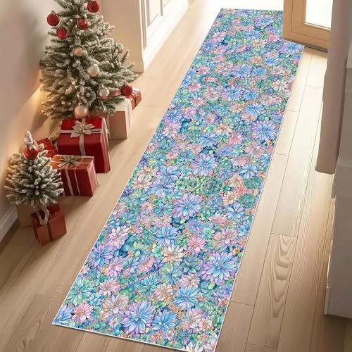 Meugesoi Sukkulente Botanisch Teppich Flur Läufer 60 X 240 cm Romantisch Blumen Teppichläufer Küchenläufer Teppiche rutschfest Waschbar für Bettvorleger Flur Küche Waschküche von Meugesoi