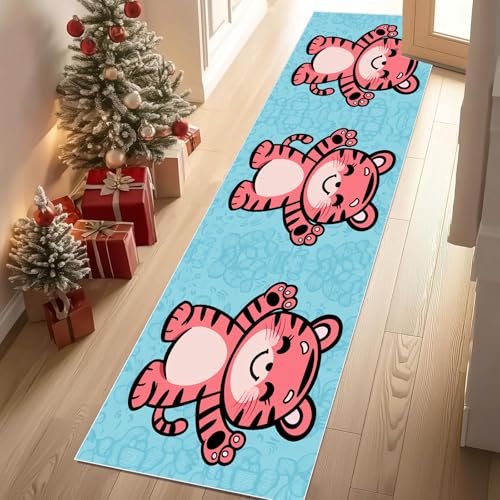 Meugesoi Tiger Cartoon Tiere Teppich Läufer rutschfest Waschbar Karikatur Muster Flurteppich Küchenteppich 80x240 cm, Teppichläufer für Bettvorleger Wohnraum Flur Waschküche von Meugesoi