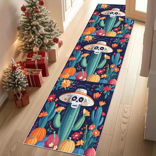 Meugesoi Tropische Pflanzen Kaktus Teppich Läufer 60x120 cm Zuckerschädel Carpet rutschfest Waschbar Bettumrandung Schlafzimmer, Teppichläufer für Küche, Flur, Eingangsbereich von Meugesoi