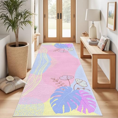 Meugesoi Tropische Pflanzen Teppich Läufer rutschfest Waschbar 80x300 cm, Blau Rosa Monstera Flurteppich Küchenteppich Teppichläufer für Bettvorleger Wohnraum Flur Waschküche Meugesoi Tropische Pflanzen Teppich Läufer rutschfest Waschbar 80x300 cm, Blau Rosa Monstera Flurteppich Küchenteppich Teppichläufer für Bettvorleger Wohnraum Flur Waschküche von Meugesoi